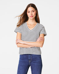SPANX® Cotton V-Neck Tee Classic Black Stripe