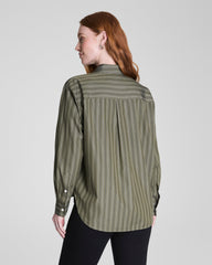 SPANX® Poplin Oversized Button-Up Shirt Dark Pine Multi Stripe