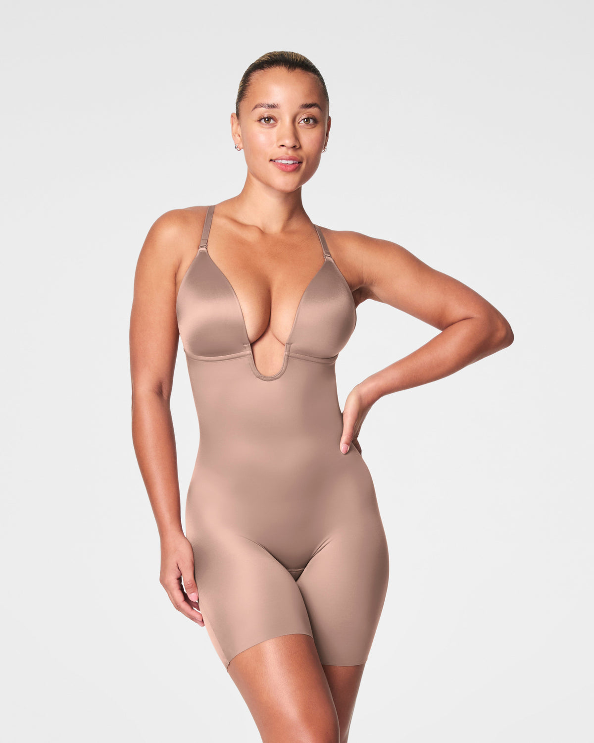 SPANXshape™ Suit Your Fancy Plunge Low-Back Mid-Thigh Bodysuit  Cafe Au Lait