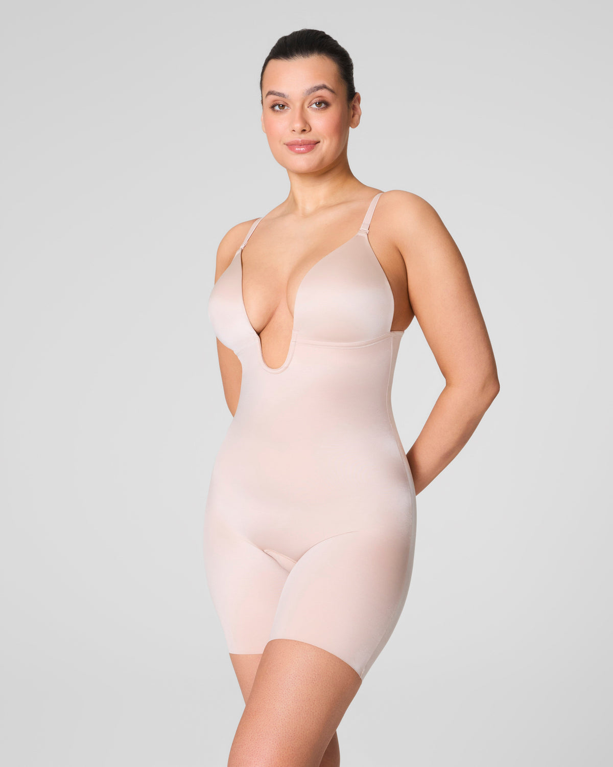 SPANXshape™ Suit Your Fancy Plunge Low-Back Mid-Thigh Bodysuit  Champagne Beige