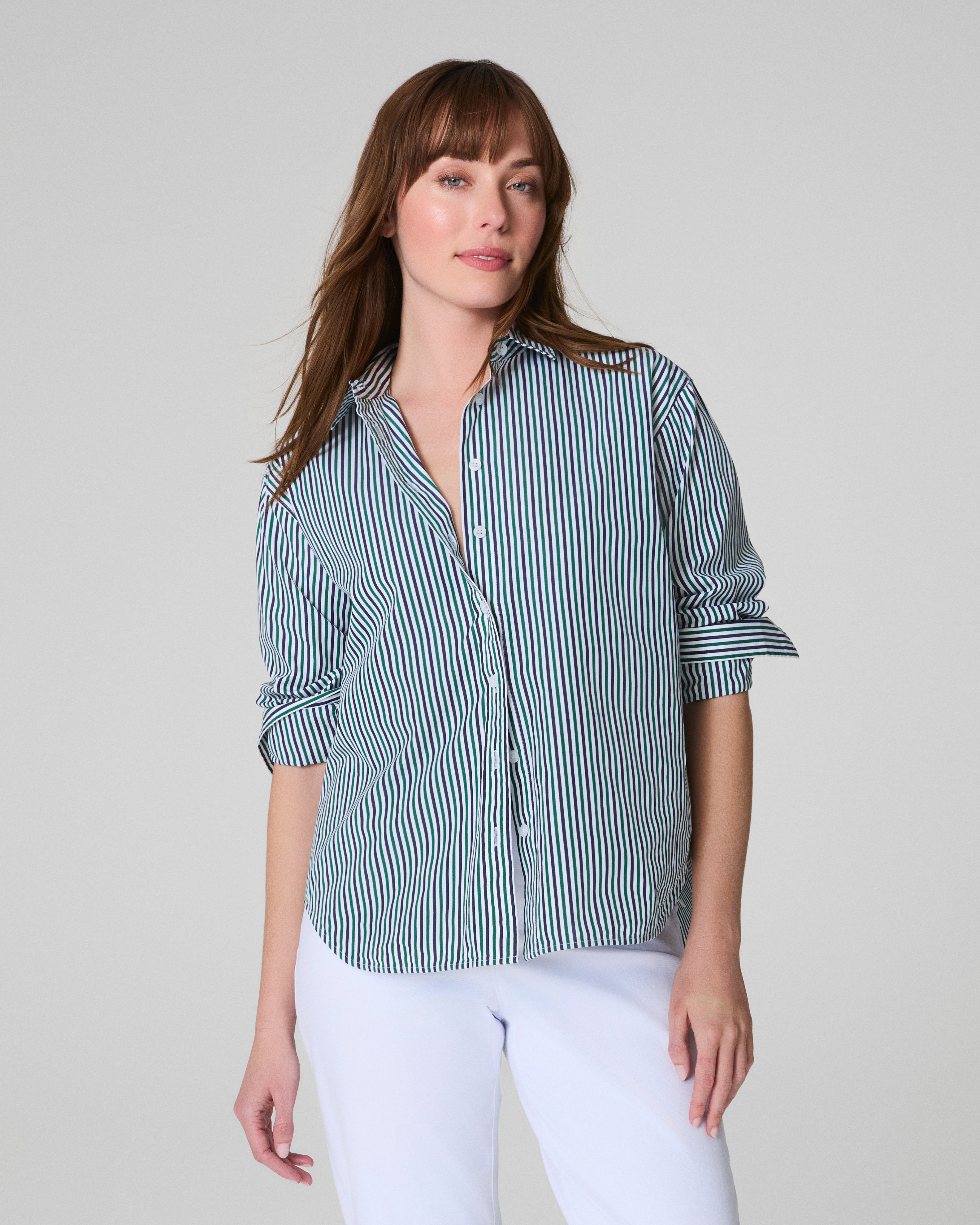 SPANX® Poplin Oversized Button-Up Shirt  Classic White/Timeless Navy/Ivy