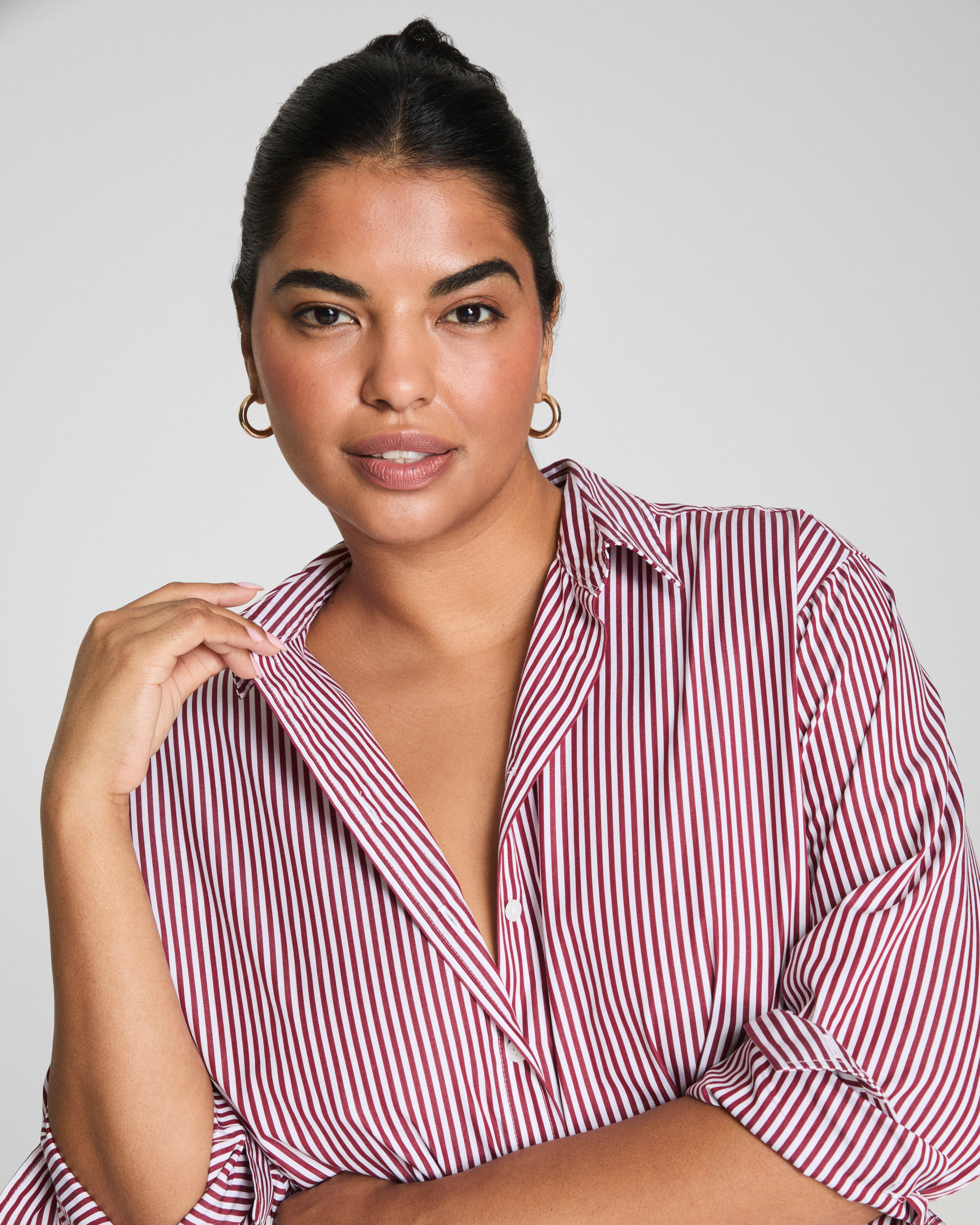 SPANX® Poplin Oversized Button-Up Shirt  Classic White/Red Merlot