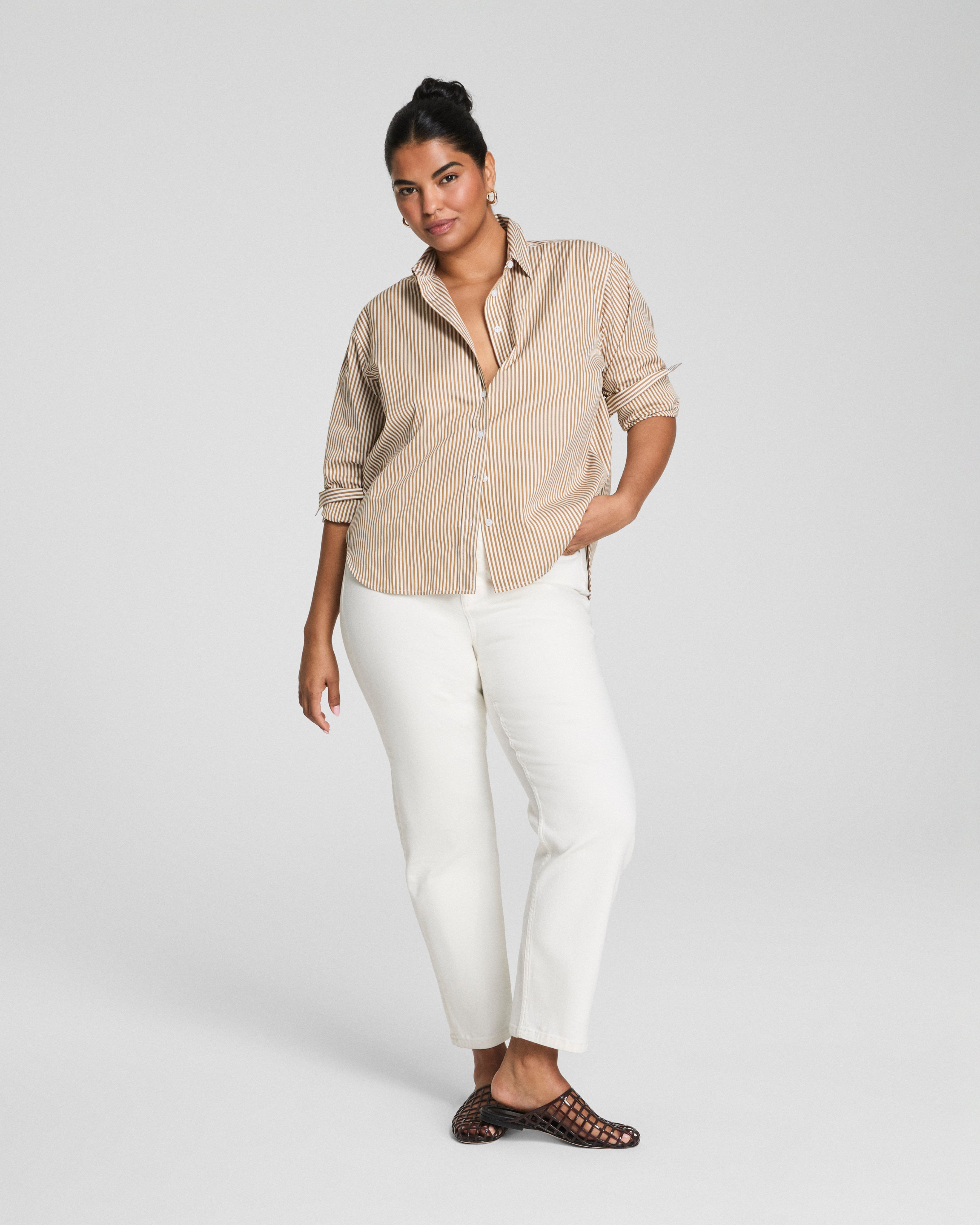 SPANX® Poplin Oversized Button-Up Shirt  Porcelain/Flax