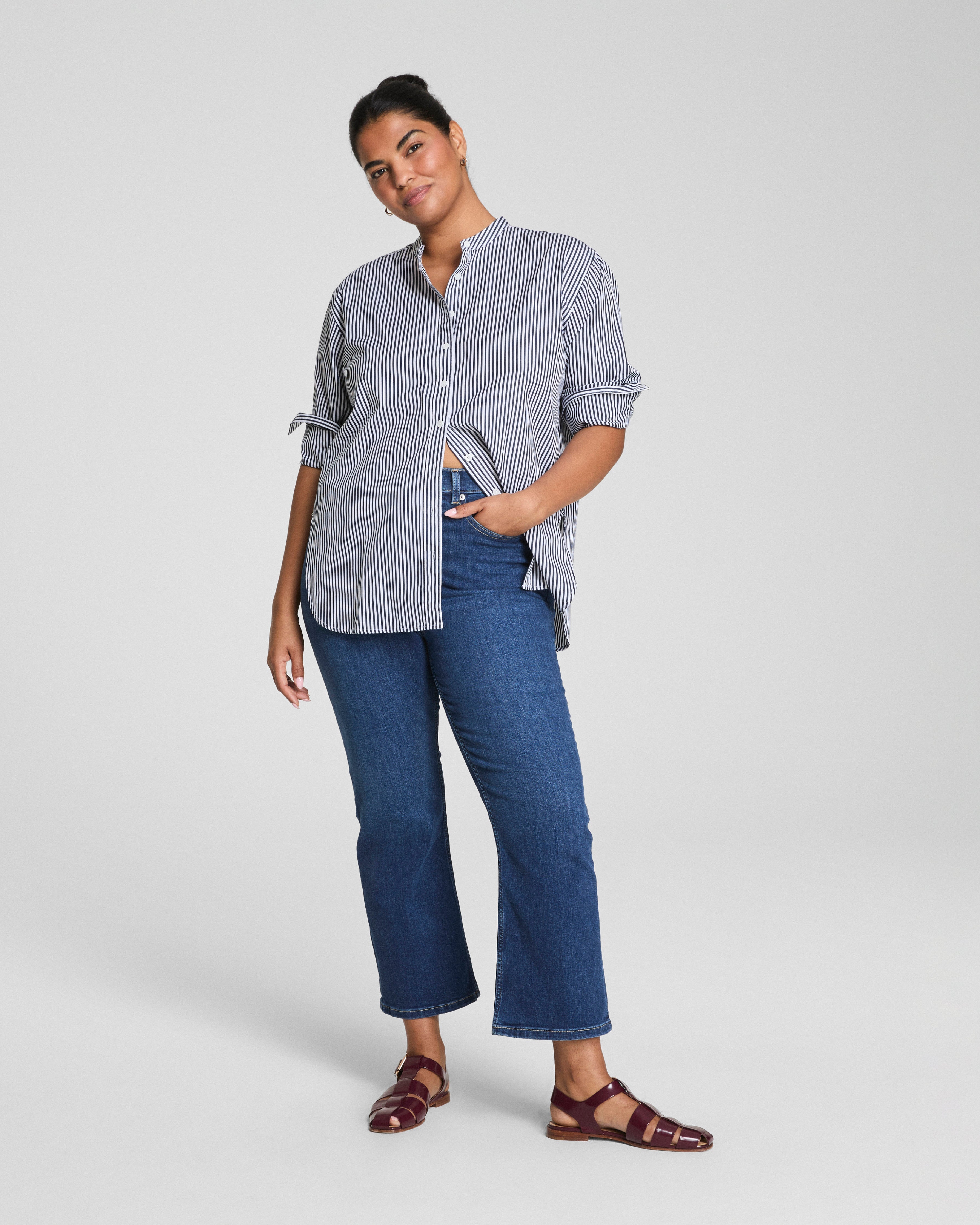 SPANX® Poplin Button-Up Tunic  Classic White/Timeless Navy