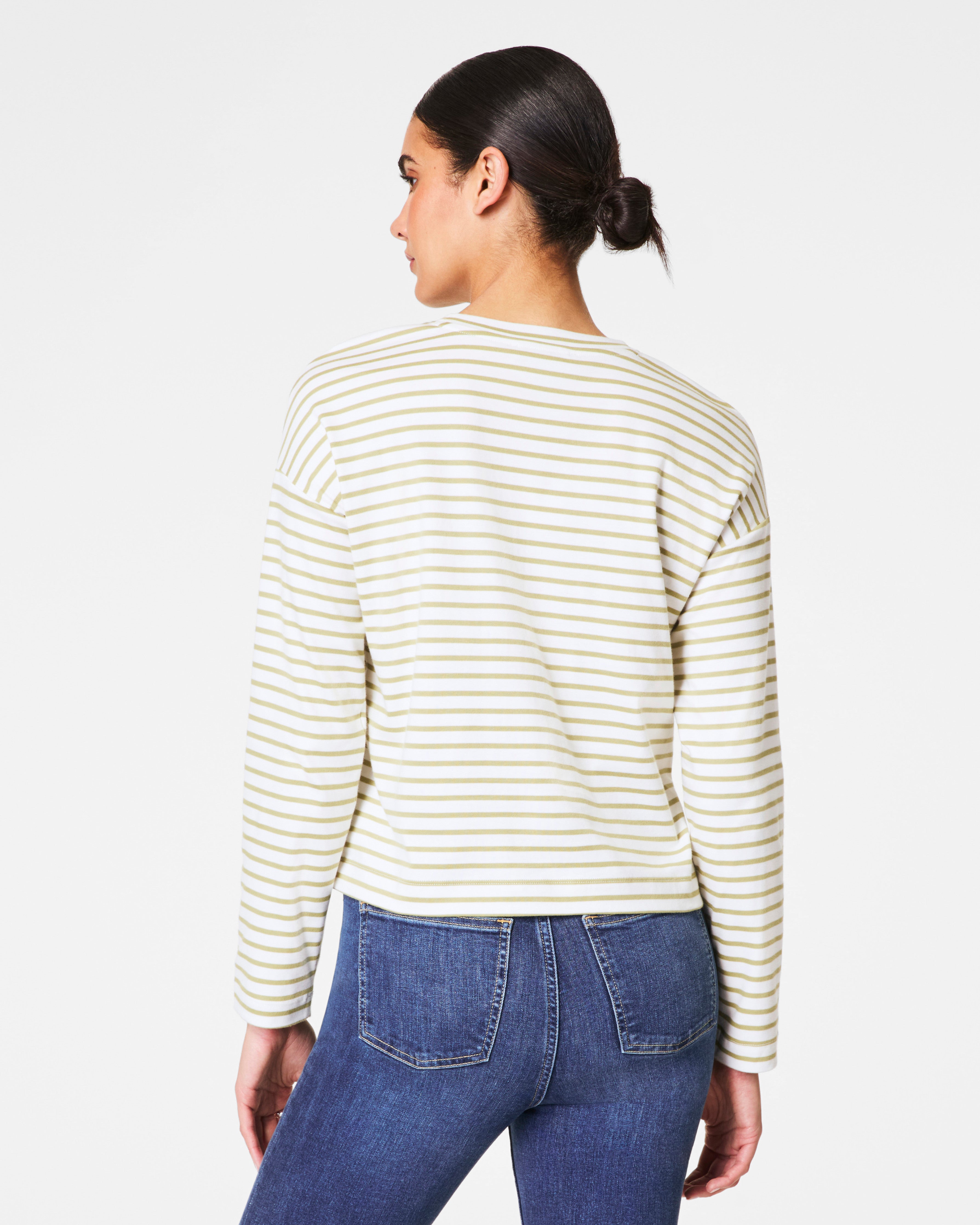 SPANX® Cotton Long Sleeve Crewneck Top  Cypress Stripe