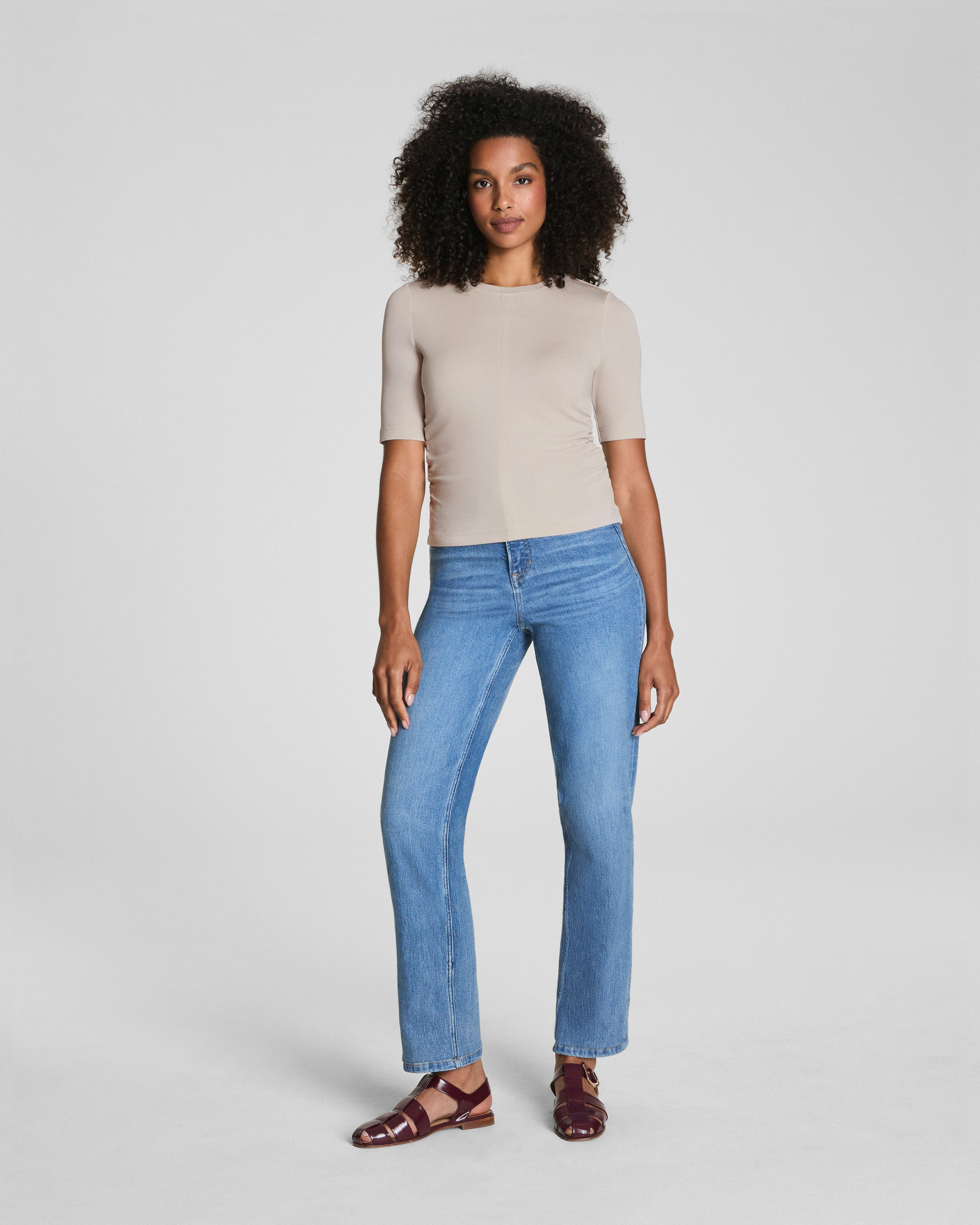 SPANX® Sleek Jersey Elbow Sleeve Ruched Top  Bone