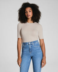 SPANX® Sleek Jersey Elbow Sleeve Ruched Top  Bone