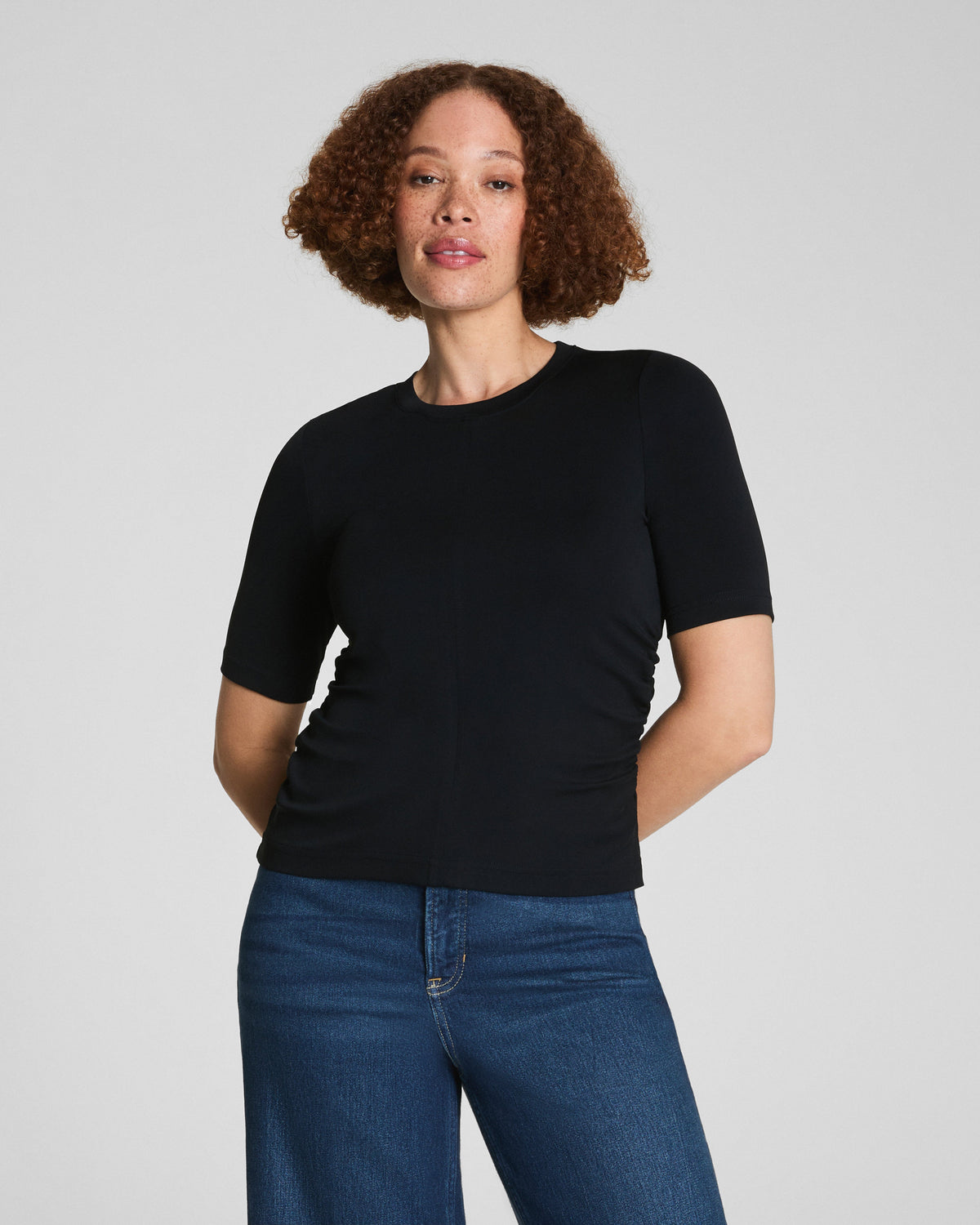 SPANX® Sleek Jersey Elbow Sleeve Ruched Top  Classic Black