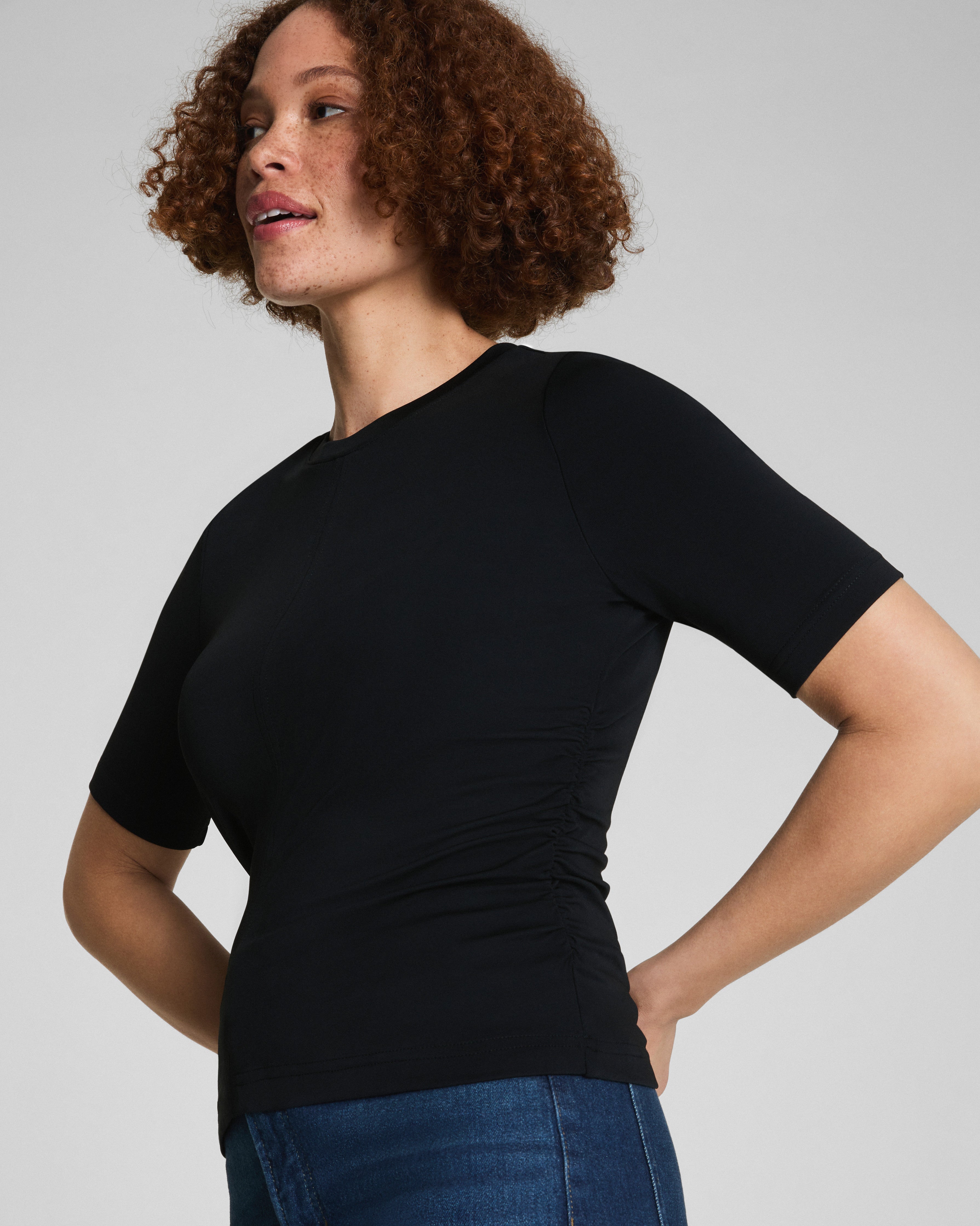 SPANX® Sleek Jersey Elbow Sleeve Ruched Top  Classic Black