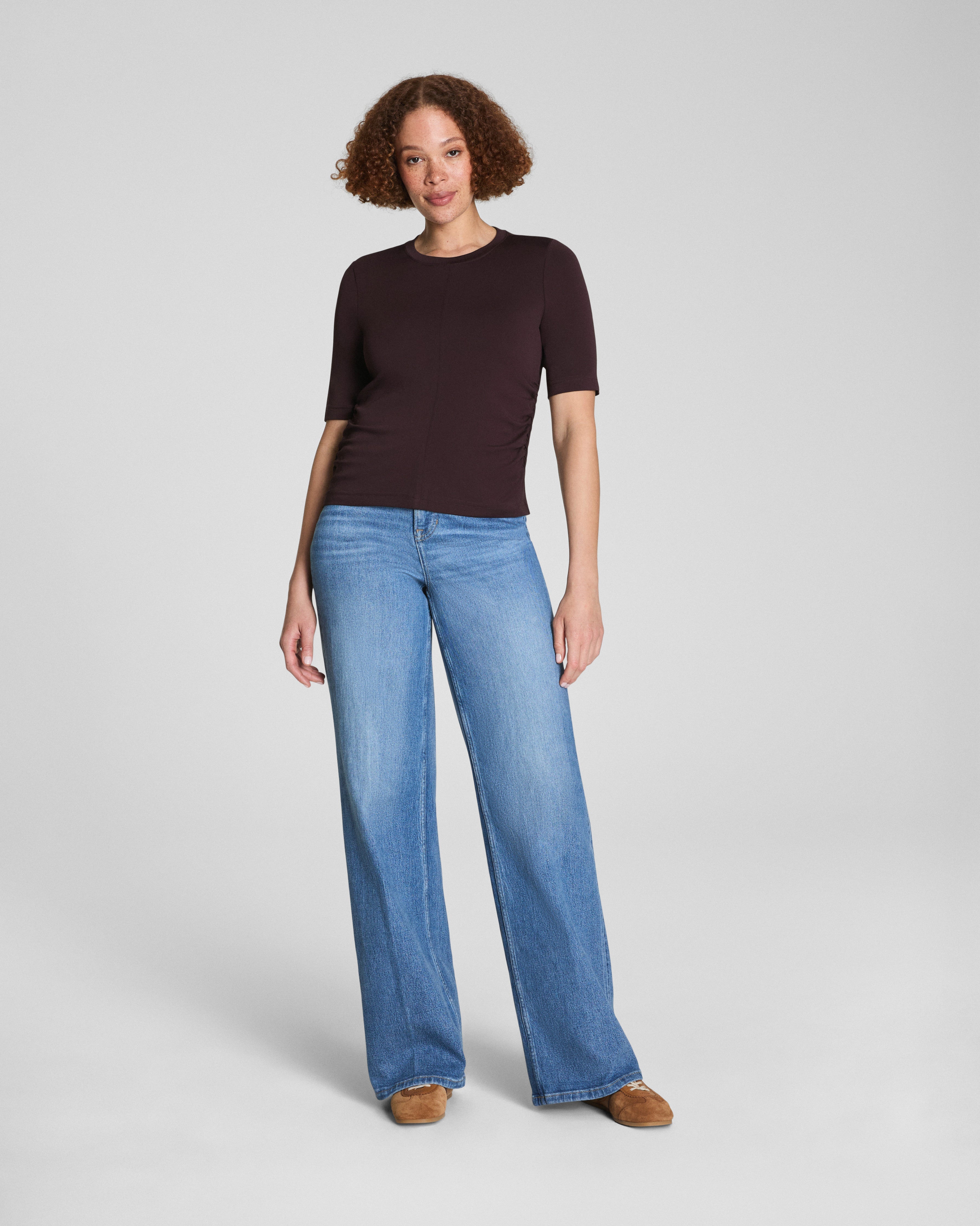 SPANX® Sleek Jersey Elbow Sleeve Ruched Top  Truffle Brown