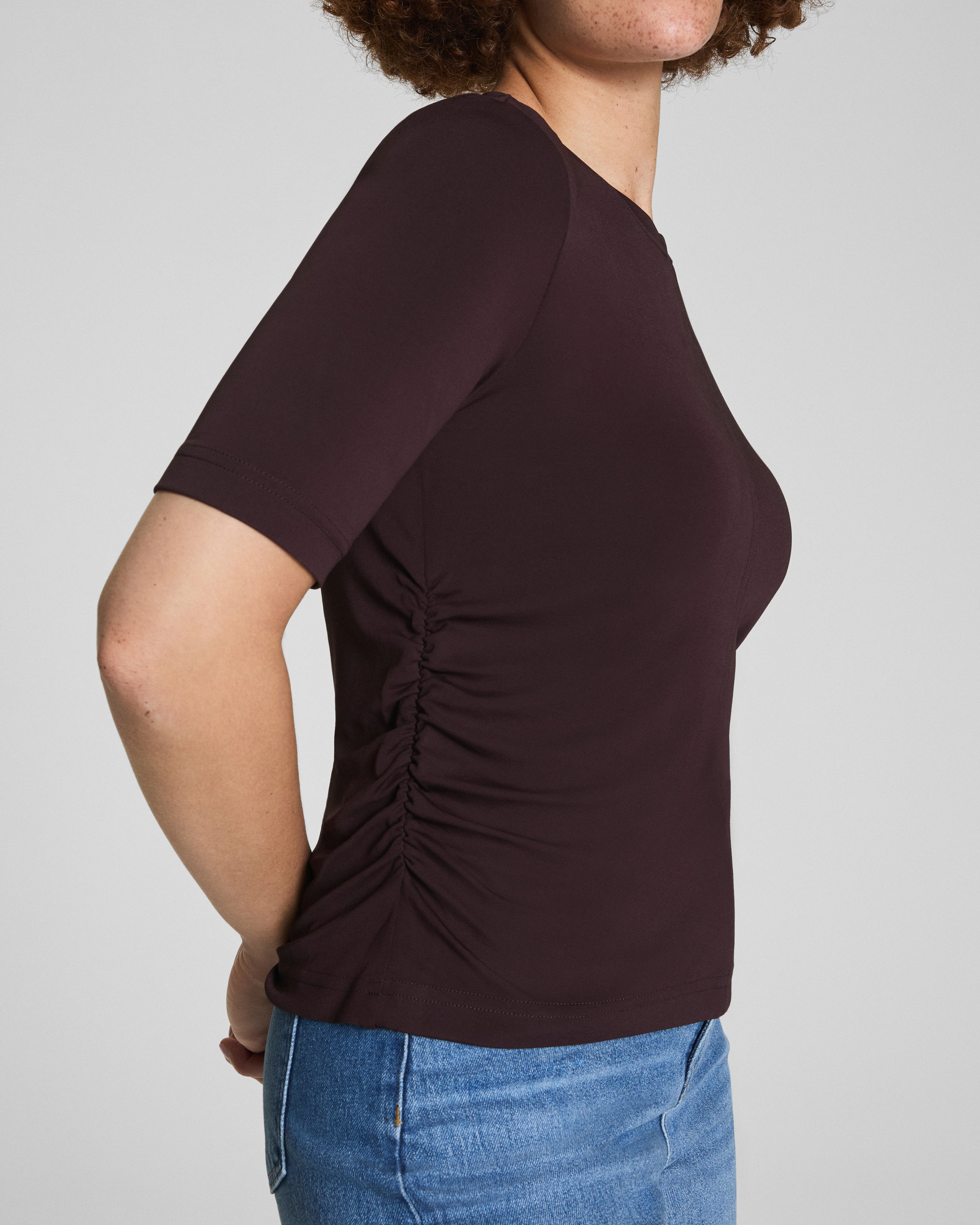 SPANX® Sleek Jersey Elbow Sleeve Ruched Top  Truffle Brown