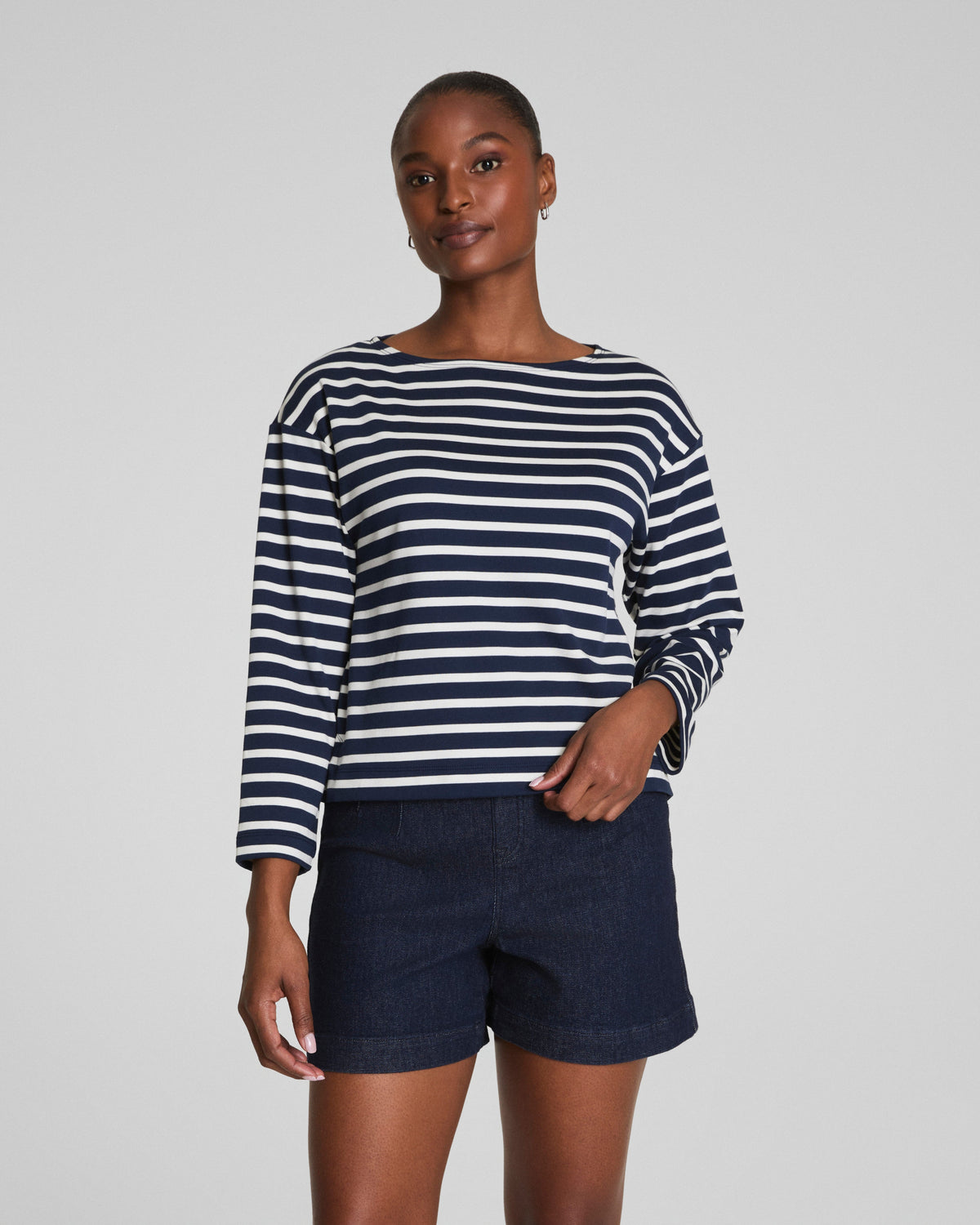 SPANX® Cotton Boatneck Top  Ivory/Timeless Navy