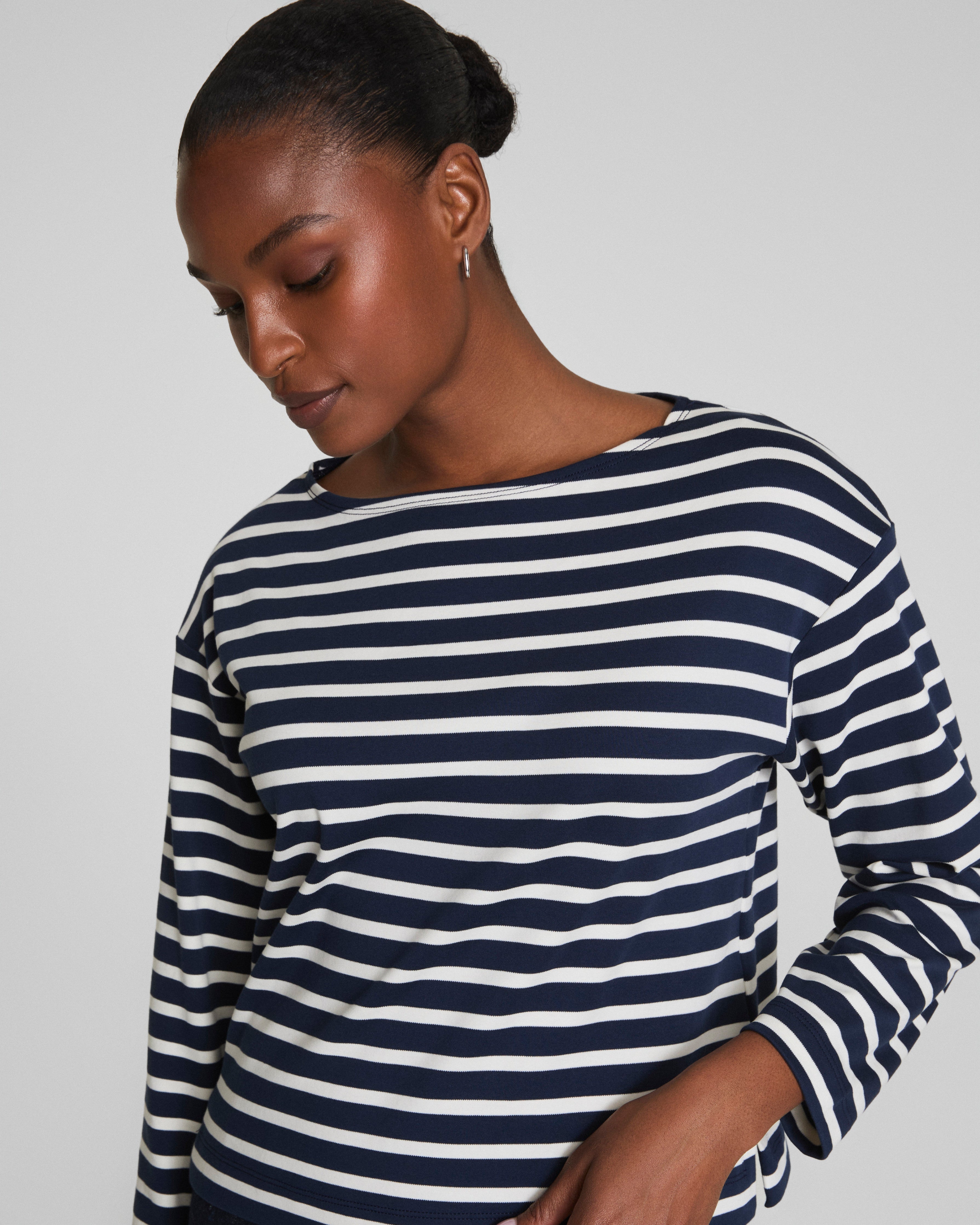 SPANX® Cotton Boatneck Top  Ivory/Timeless Navy
