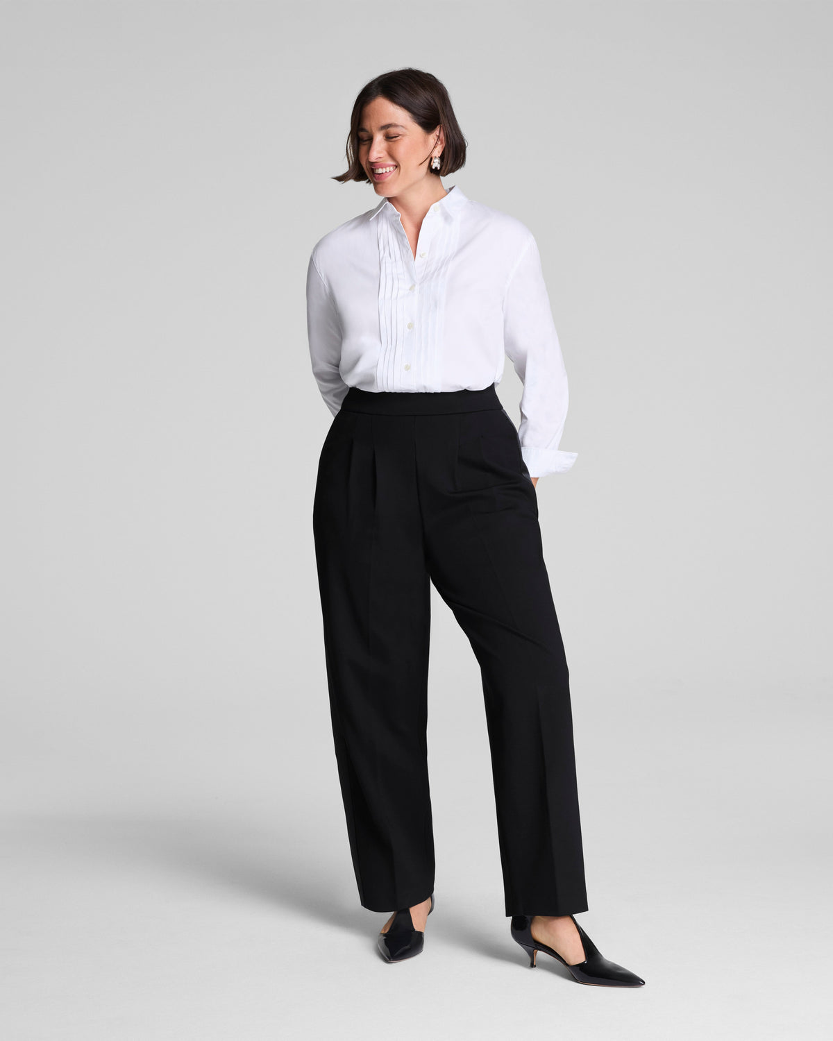 SPANX® Ponte Pleated Barrel Leg Trouser with Tuxedo Stripe  Classic Black