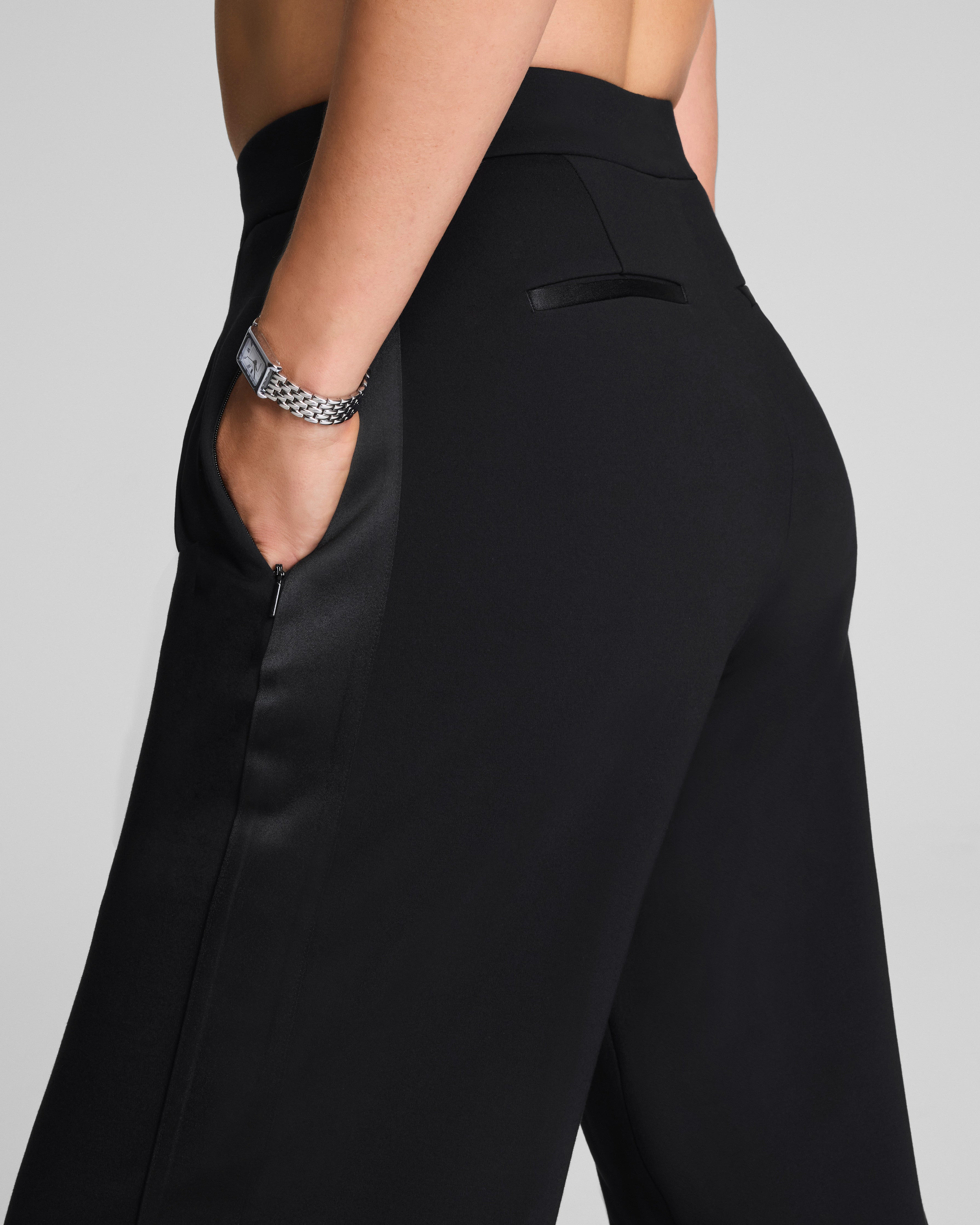 SPANX® Ponte Pleated Barrel Leg Trouser with Tuxedo Stripe  Classic Black