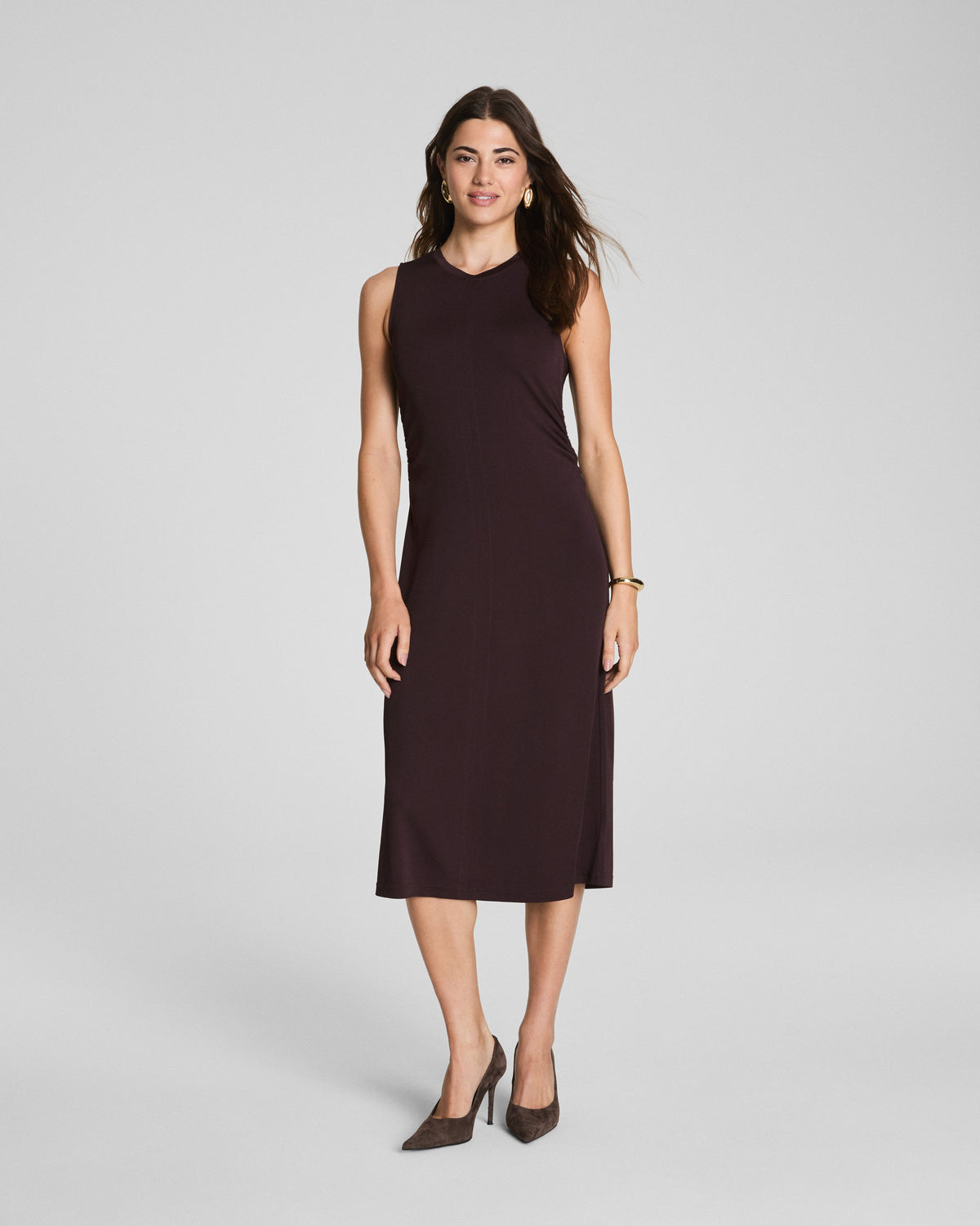 SPANX® Sleek Jersey Crewneck Ruched Midi Dress  Truffle Brown