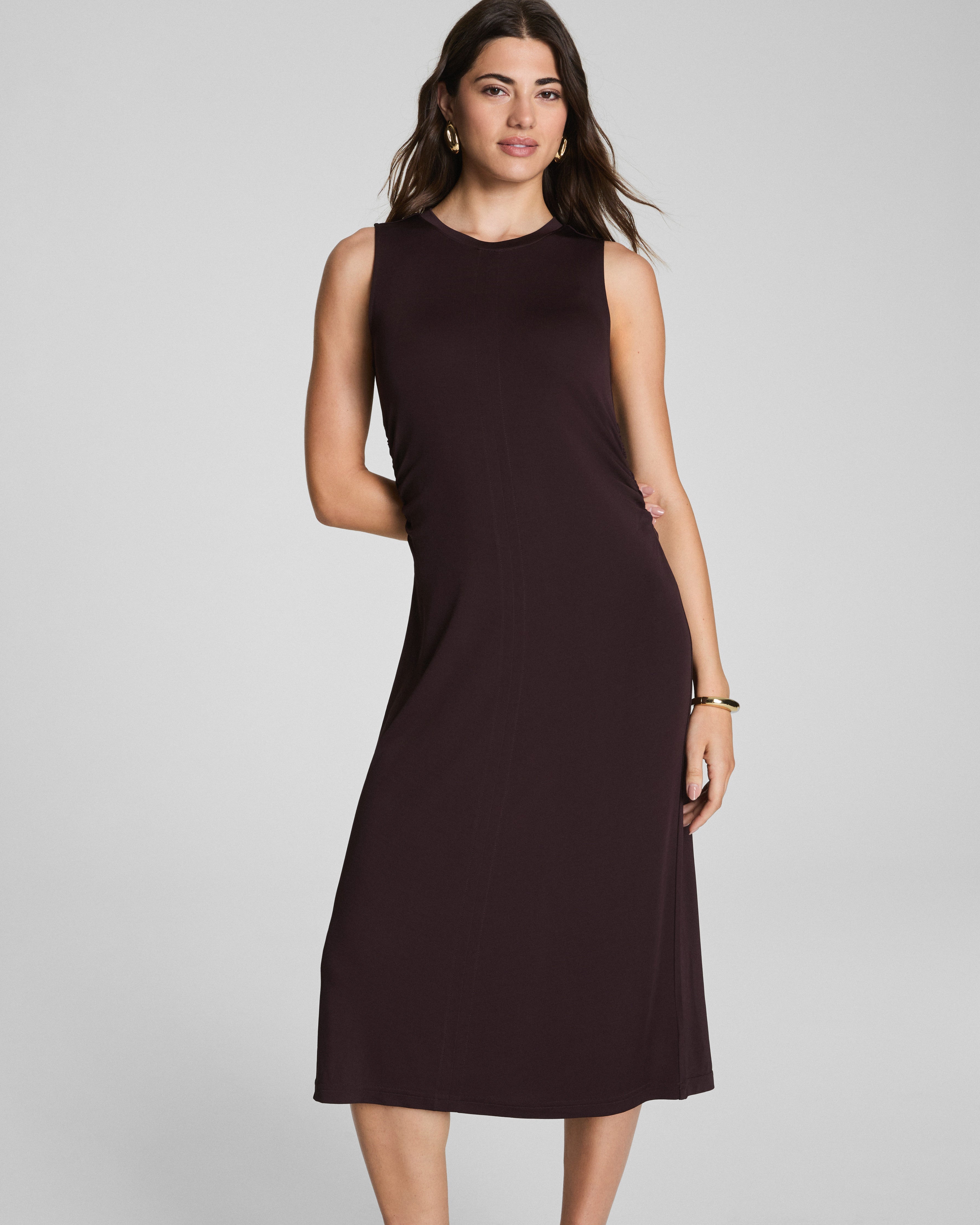 SPANX® Sleek Jersey Crewneck Ruched Midi Dress  Truffle Brown