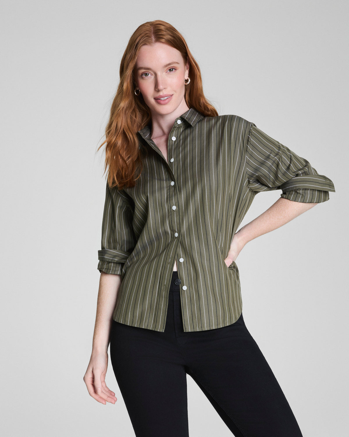 SPANX® Poplin Oversized Button-Up Shirt  Dark Pine Multi Stripe