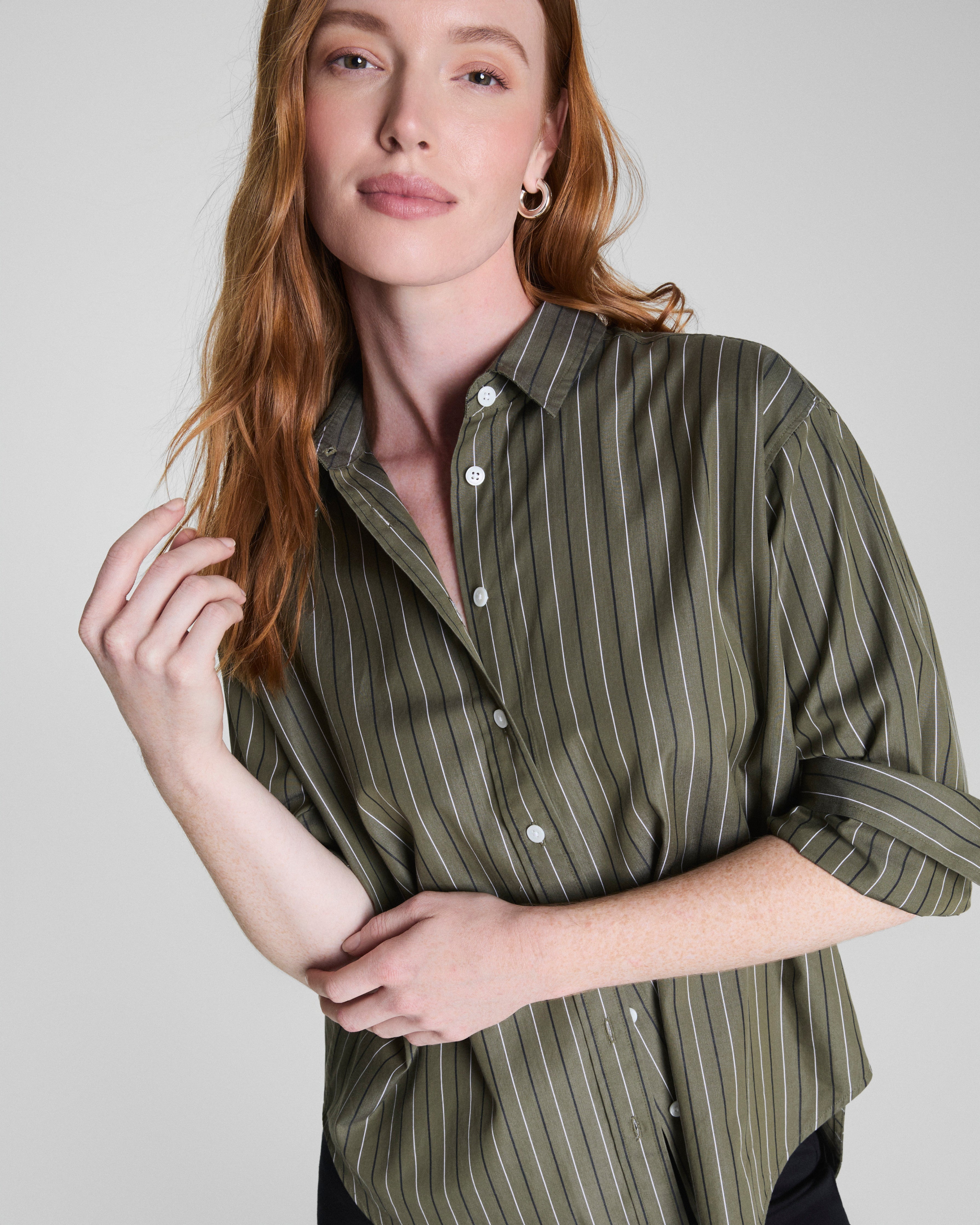 SPANX® Poplin Oversized Button-Up Shirt  Dark Pine Multi Stripe