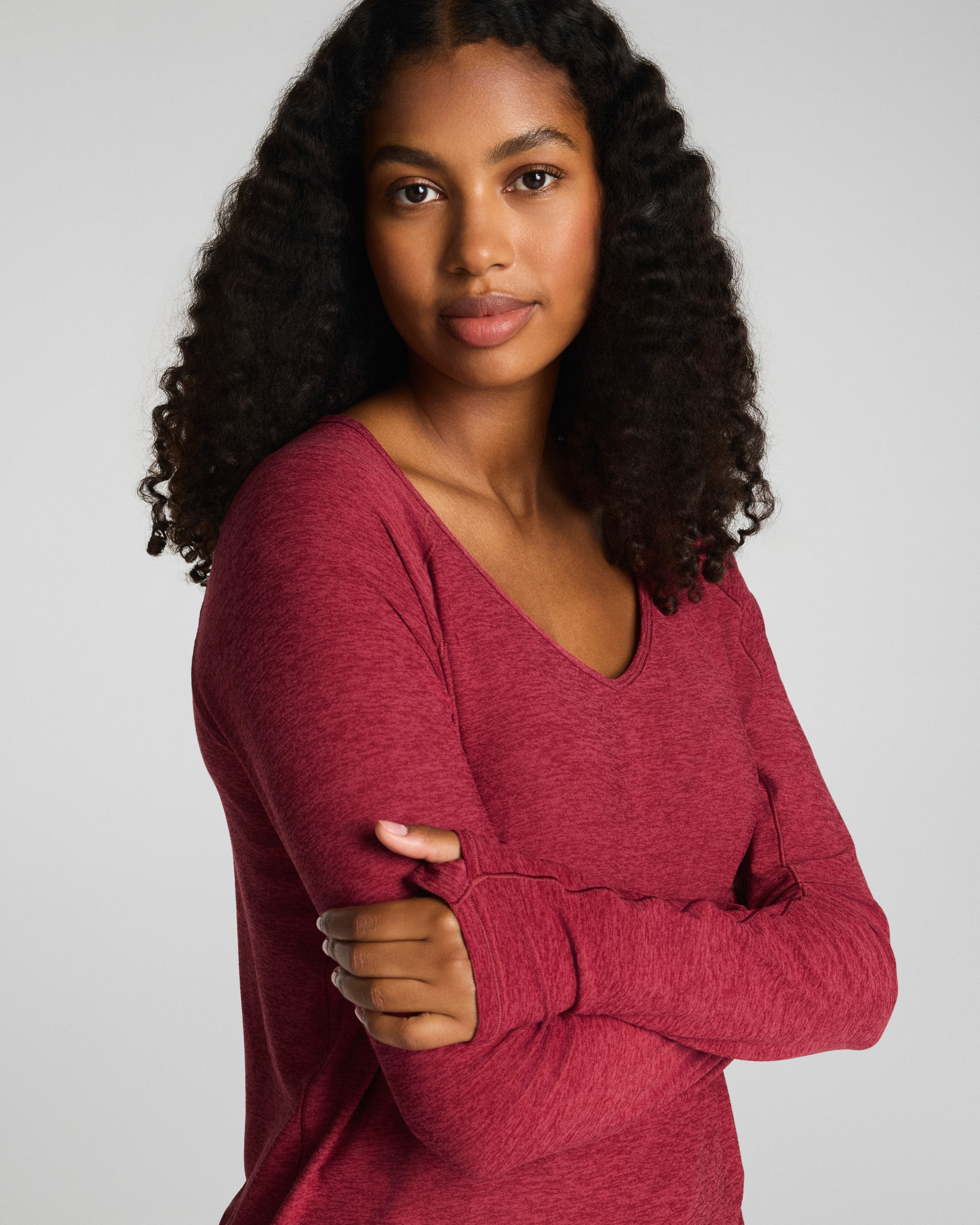 SPANX® SoftStretch V-Neck Long Sleeve Top  Red Merlot Heather