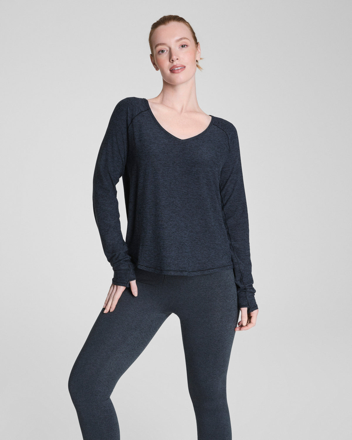 SPANX® SoftStretch V-Neck Long Sleeve Top  Very Black / Light Very Black