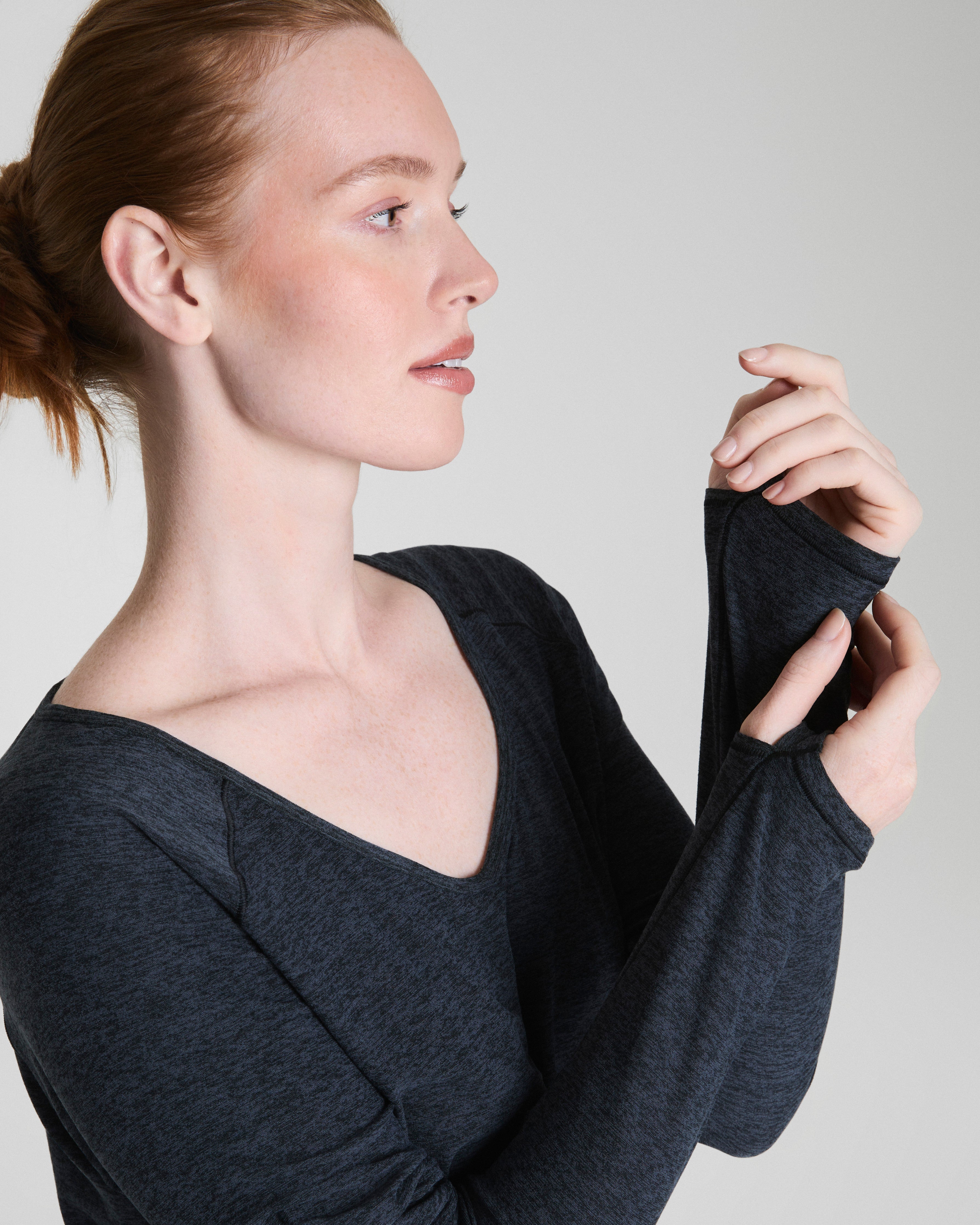 SPANX® SoftStretch V-Neck Long Sleeve Top  Very Black / Light Very Black
